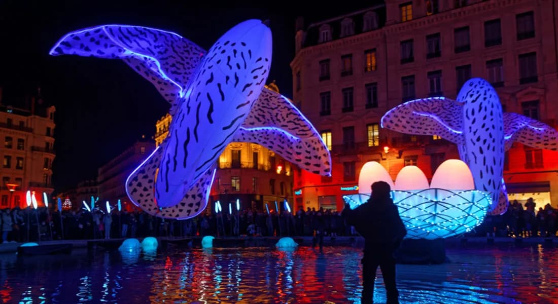 Large, illuminated sculptures of stingrays float above a pool of water in a city square at night.