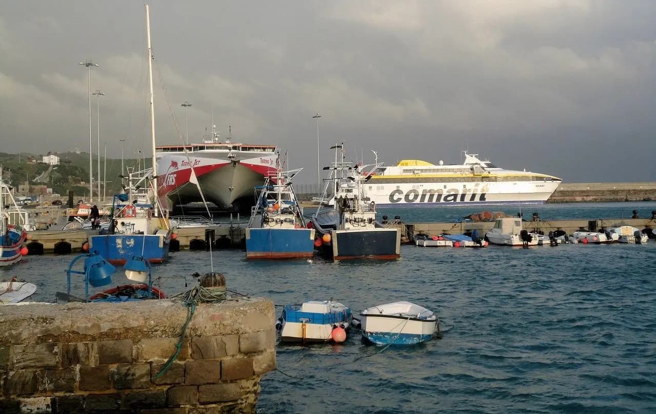 A group of surfers stands on a surfboard with a large sail, enjoying the windy conditions on the sea.