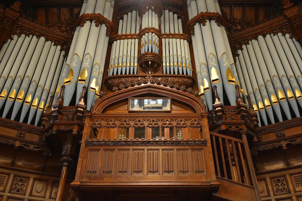 The grand, intricate interior of a pipe organ, with its beautiful woodwork and numerous pipes, is a highlight of a historic building.