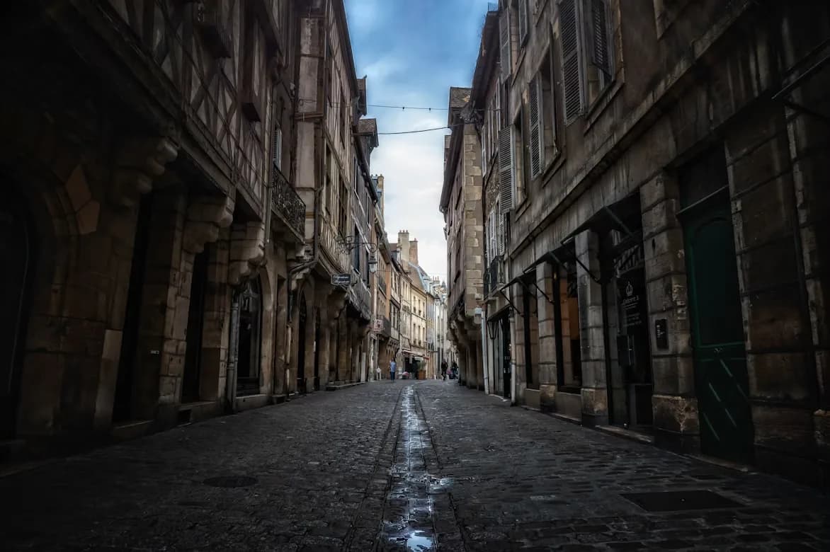 A narrow, cobblestone alleyway winds between historic stone buildings in Dijon.