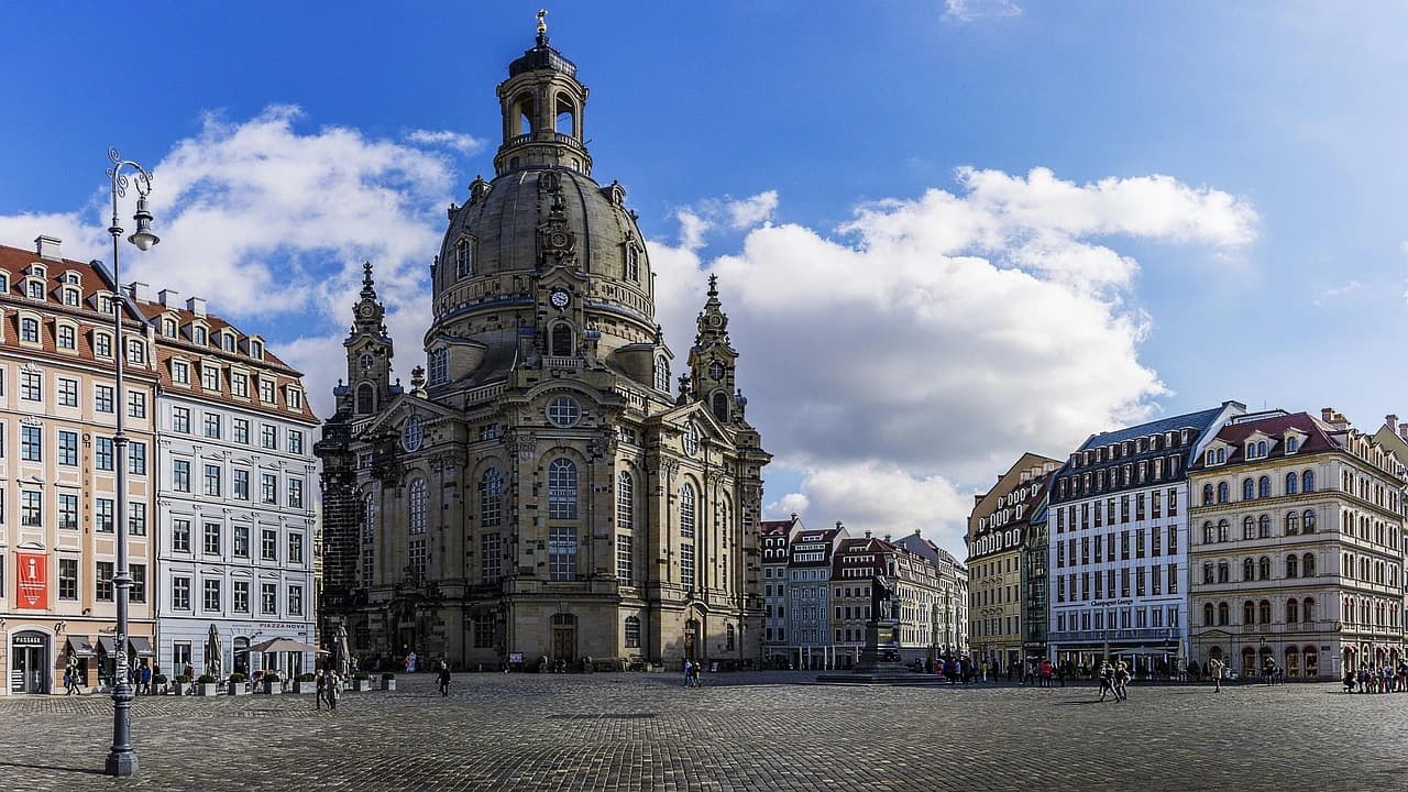 The Frauenkirche, a masterpiece of Baroque architecture, dominates the historic Neumarkt square in Dresden.