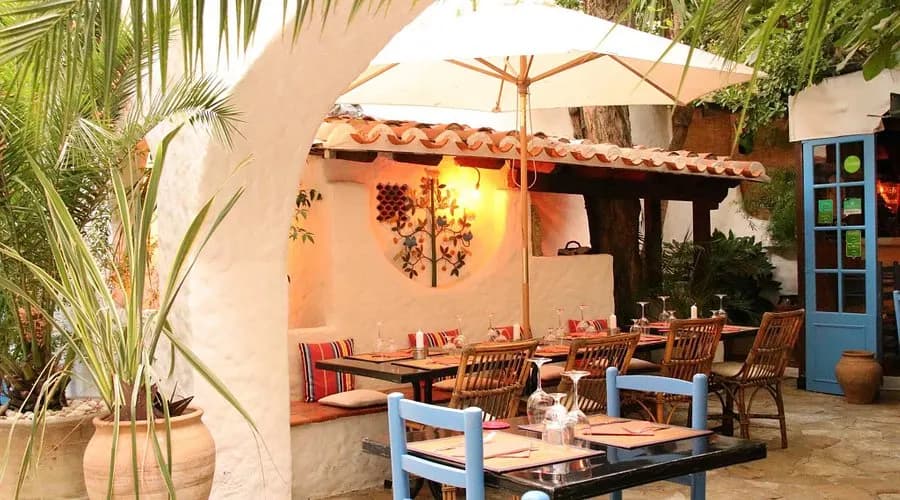 A cozy, sun-drenched outdoor patio of a restaurant is surrounded by white walls and lush plants.