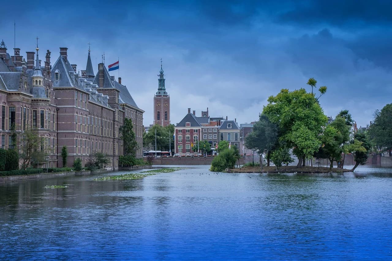 The majestic Vredespaleis, or Peace Palace, with its elegant facade and a beautiful fountain in the garden.